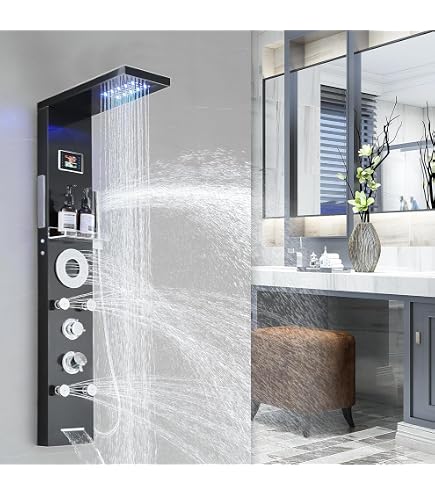 FUZ Shower Panel Tower System, Stainless Steel 6 Functions Shower Panel System With LED Fancy Rain