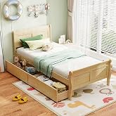 GIANTEX Twin Bed with 2 Storage Drawers, Wood Platform Bed with Headboard &amp; Footboard, Wooden Slats Support Mattress Foundation, Twin Bed Frames for Kids Teens Adults, No Box Spring Needed (Natural)