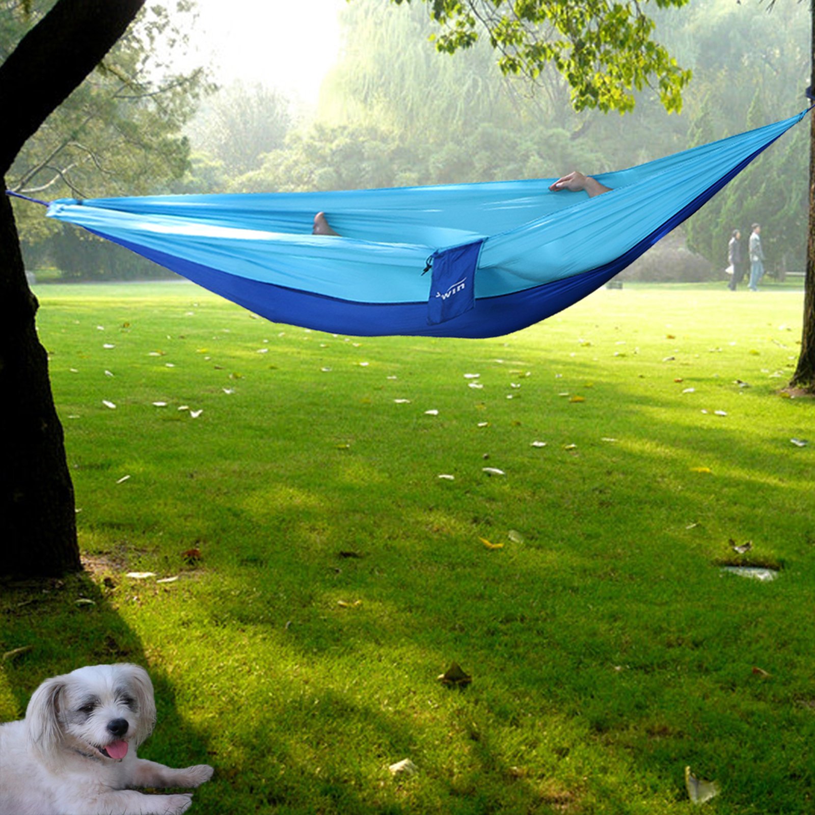 SKYWIN Camping Hammock Lightweight Parachute Hammock Multifunctional For Travel,Camping,Hiking, Beach, Yard , Portable with 2 Carabiners and 2 Hanging Ropes 10FT by Each ( Blue Stitching)