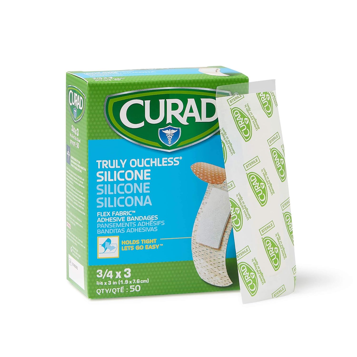 CURAD Truly Ouchless Silicone Adhesive Bandages, Fabric Bandages, For Delicate Sensitive Skin, 3/4"X3" (50 Count): Industrial & Scientific