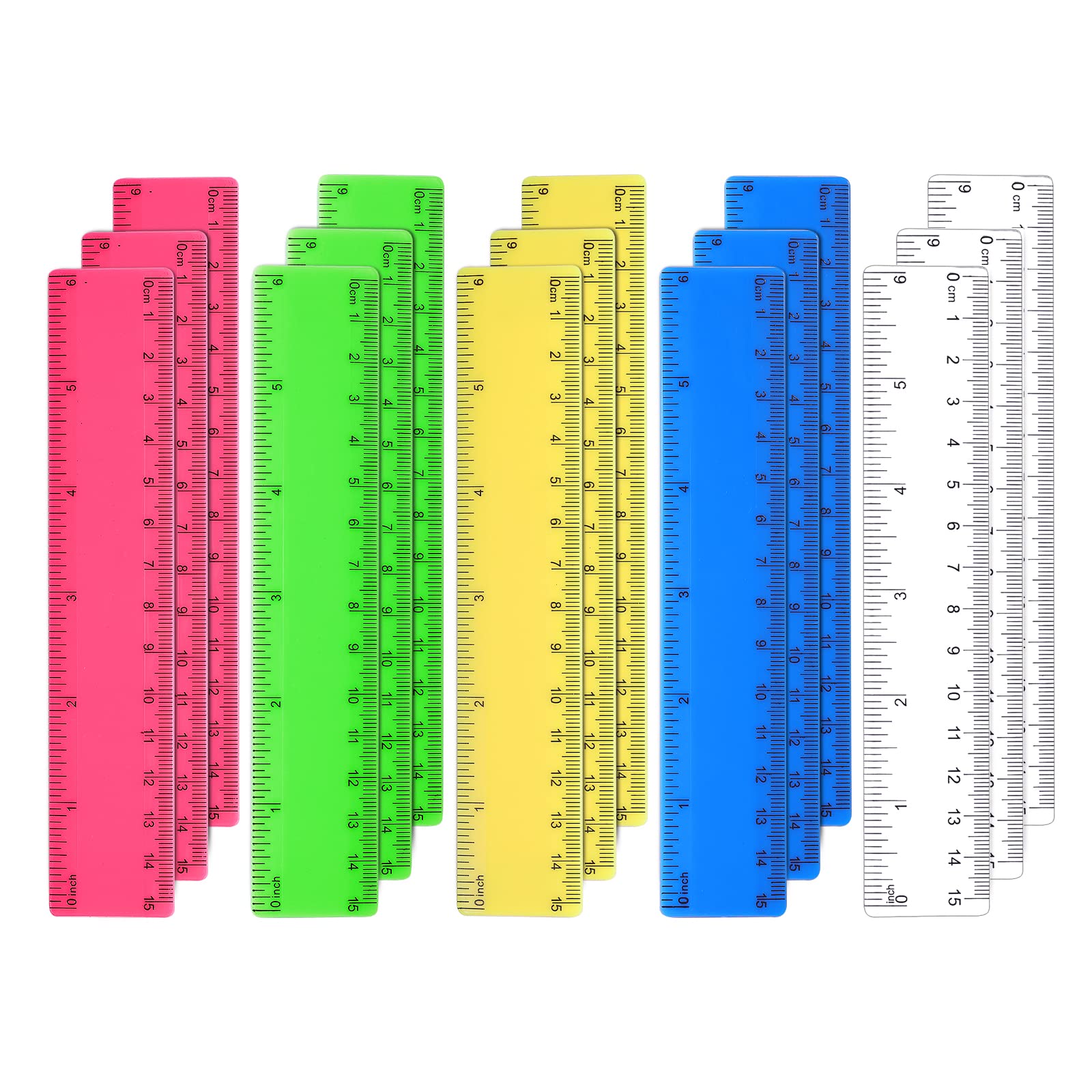 AIEX 15pcs Color Transparent Ruler, 15cm 6Inch Straight Ruler with Centimeters and Inches Plastic Multipack Rulers for School Classroom Home Office for Kids (Assorted Colors)