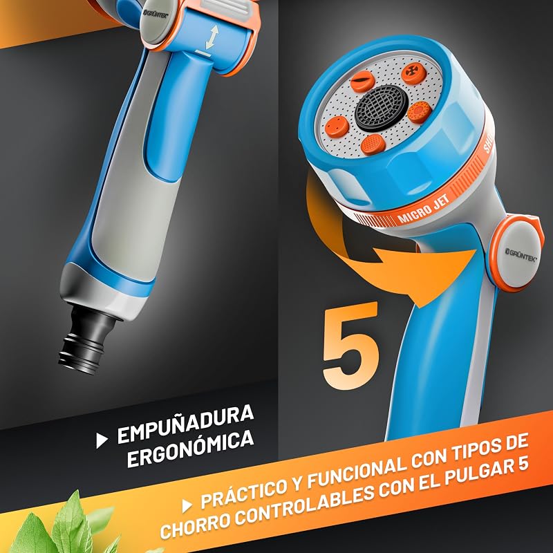 Pistola de Riego para Manguera Jardín - Pulverizadora 5 Chorros Resistente y Comoda - Control total con una Mano. Alcachofa de Mangeura Jardín