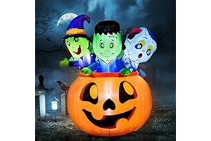 Joiedomi 5 FT Tall Halloween Inflatables Outdoor Decorations, Inflatable Pumpkin Halloween Blow Ups for Yard, Witch Decorations with Zombie Inflatables on Pumpkin with LEDs for Halloween Decor