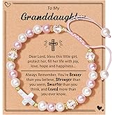HGDEER Birthday Gifts for Girls, Adjustable Pink White Pearl Cross Bracelet for Girls Daughter Granddaughter Niece