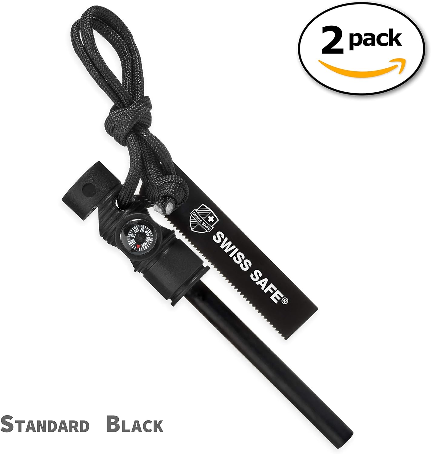 Swiss Safe 5-in-1 Fire Starter with Compass, Paracord and Whistle (2-Pack) for Emergency Survival Kits, Camping, Hiking, All-Weather Magnesium Ferro Rod: Home & Kitchen