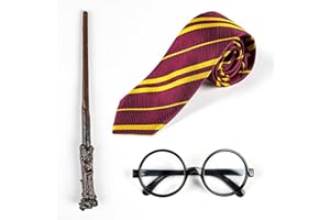 KIDDOKIDS Wizard Costume Accessories Set - Black Nerd Glasses, Striped Tie & Magic Wand - Cosplay Props for Kids & Adults, Halloween Party, Classroom Role Play, Stage Performance, School Dress Up