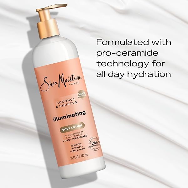 SHEAMOISTURE ILLUMINATING BODY LOTION WITH COCONUT OIL, HIBISCUS, NIACINAMIDE AND PRO-CERAMIDES, INSTANTLY ENHANCING SKIN’S NATURAL GLOW, 24H MOISTURIZING 16 OZ