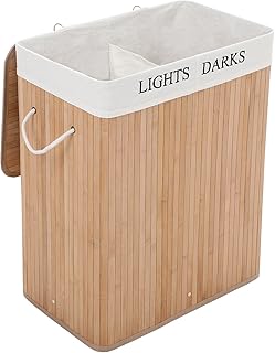 SONGMICS Wäschekorb aus Bambus, 100 L Wäschesortierer mit 2 Fächern, faltbarer Wäschesammler mit herausnehmbarem Wäschesack, rechteckige Wäschebox, 52 x 63 x 32 cm, naturfarben, LCB64Y