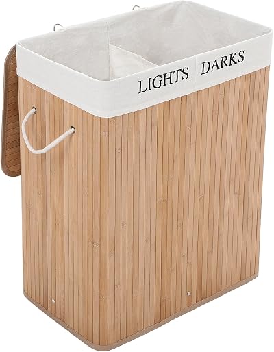 SONGMICS 100L Bamboo Laundry Basket with Lid Foldable 2 Compartments LCB64Y