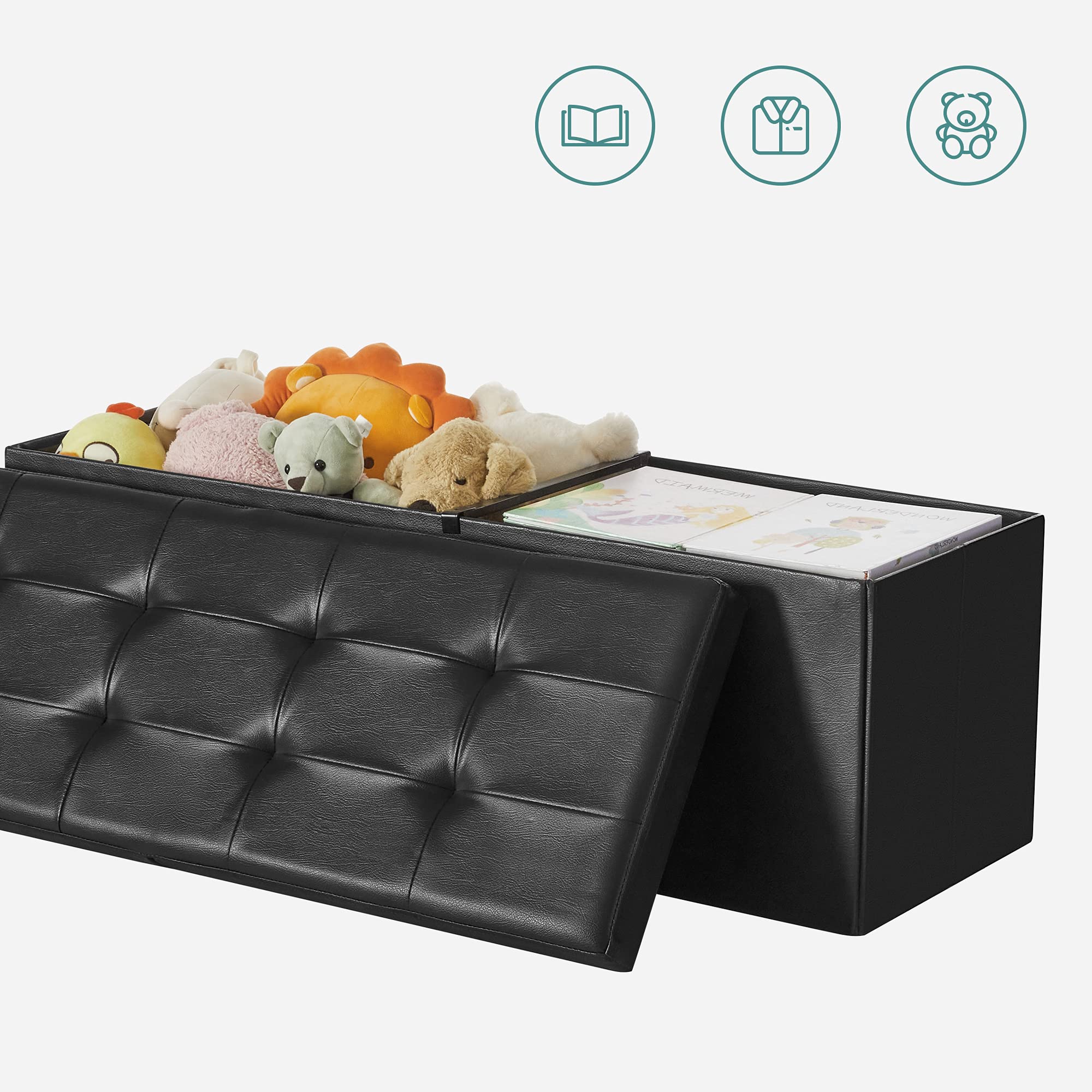 SONGMICS MAZIE Collection - 43 Inches Storage Ottoman Bench with Flipping Lid, Storage Chest with Iron Frame Support, Load 660 lb, for Living Room, Bedroom, Synthetic Leather, Black ULSF75BK