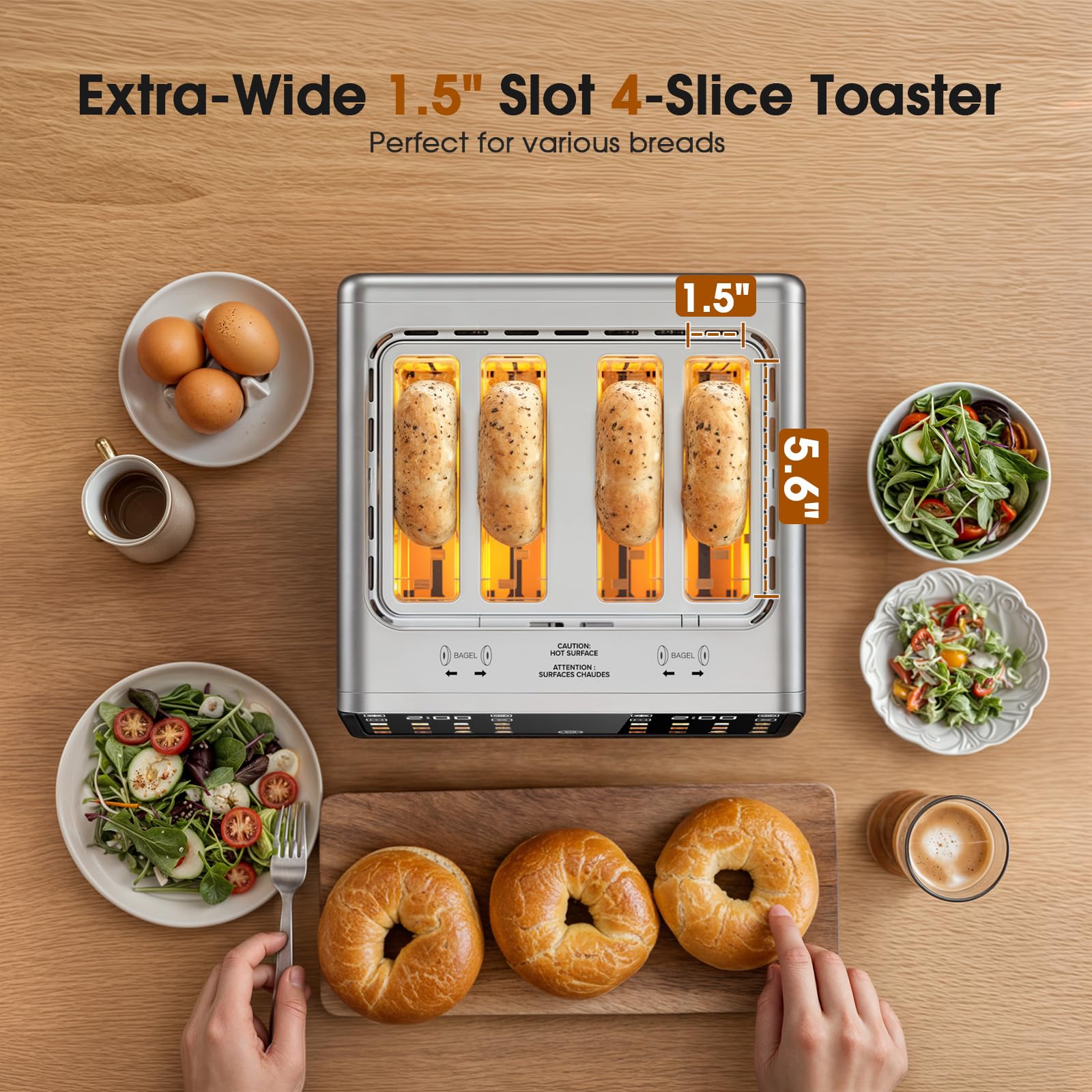 Tostadora con pantalla táctil de 4 rebanadas, pantalla táctil digital inteligente de doble control, acero inoxidable, 6 tipos y niveles de tostadas que incluyen pan, bagel, con función de descongelar/recalentar/tostar con una sola ranura