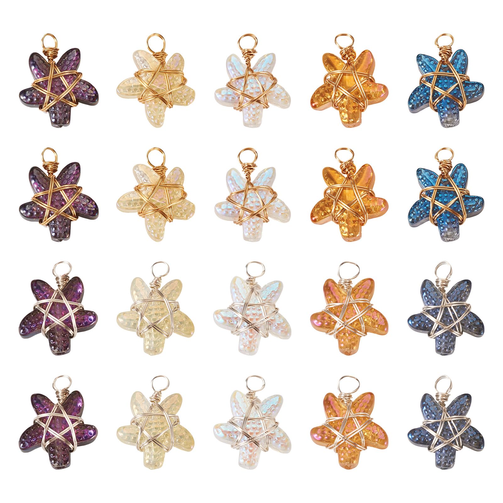 Crafans 20Pcs Starfish Glass Pendants Star with Copper Wire Findings Charms Electroplate Glass Ocean Animal Dangle Charms 10 Colors for DIY Necklace Jewelry Making