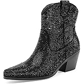 Oh Mispares Women's Sparkly Glitter Rhinestone Cowboy Ankle Boots Western Pointed Toe Low Block Heel Cowgirl Booties with Zipper