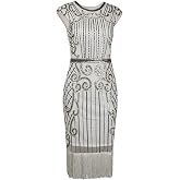 Vijiv 1920s Vintage Inspired Sequin Embellished Fringe Long Gatsby Flapper Dress