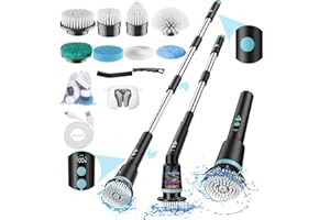 New Upgrade Kimeetol Electric Spin Scrubber with Remote Control, IPX7 Cordless Cleaning Brush with 9 Brush Heads, 2 Adjustable Angles, Long Handle Power Scrubber for Bathroom, Shower, Tub, Floor-Black