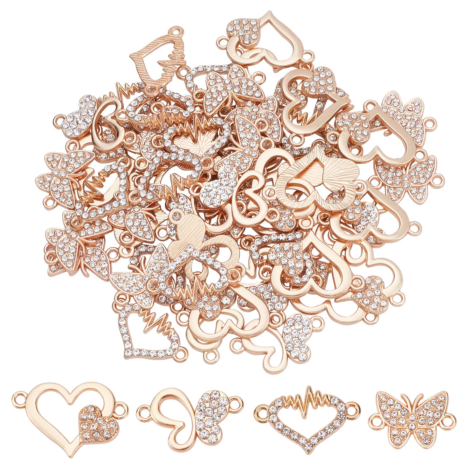 SUPERFINDINGS 64pcs 4 Styles Butterfly Heart Rhinestone Diamond Connectors Alloy Links Connectors Golden Butterfly 2-Holes Charms Links for DIY Crafting Jewelry Making