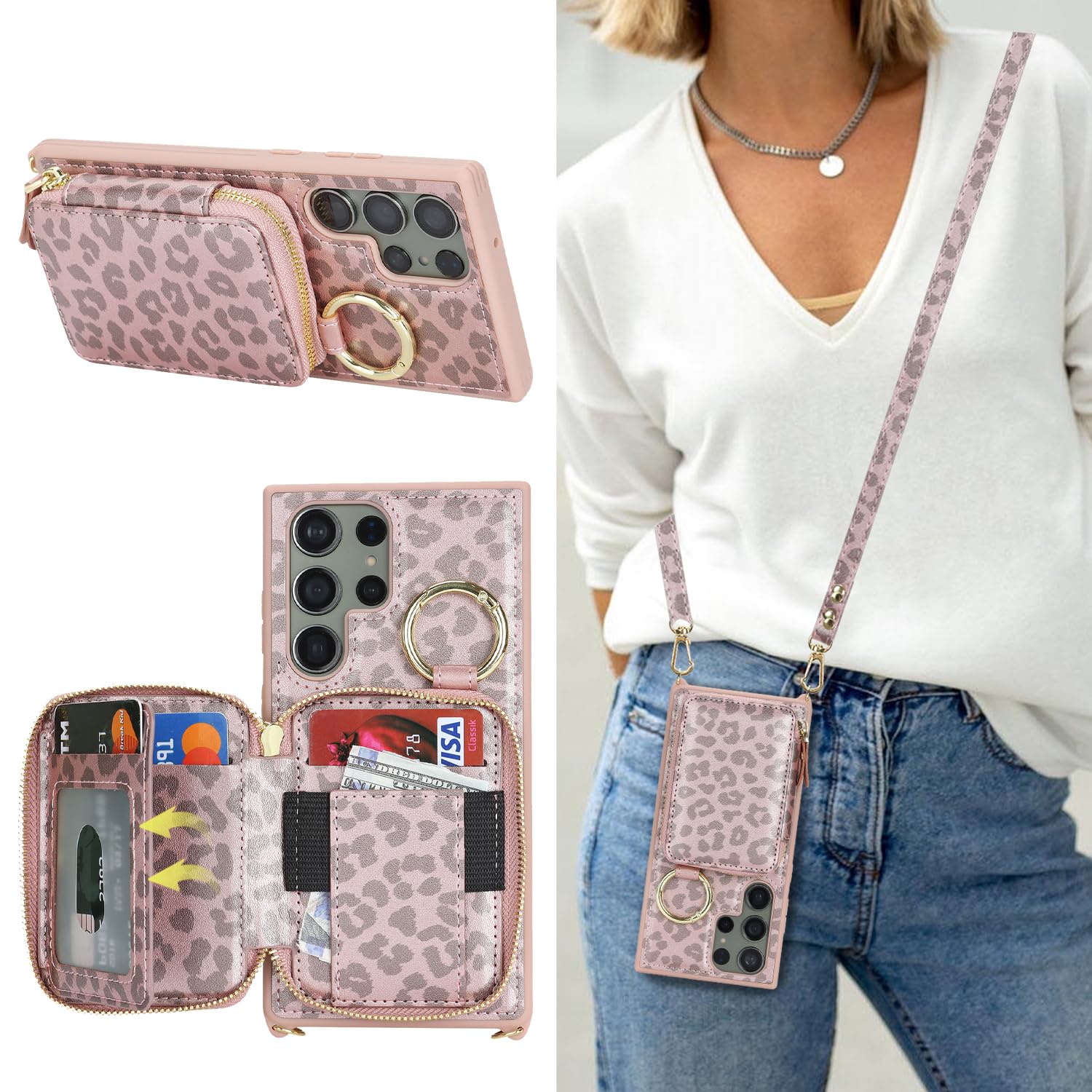 Hamany Crossbody Wallet Case for Galaxy S23 Ultra, PU Leather Zipper Handbag Purse Flip Cover, Kickstand Folio Case with Card Slots Holder Wrist Strap Lanyard -Pink Leopard