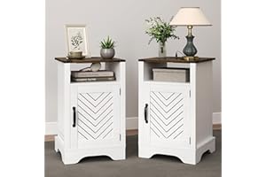RoyalCraft Nightstand Set of 2, White End Table with Charging Station, Tall Farmhouse Bedside Table with Large Storage and Shelf, Wooden Side Table with for Bedroom, Home Office, White and Rustic Oak