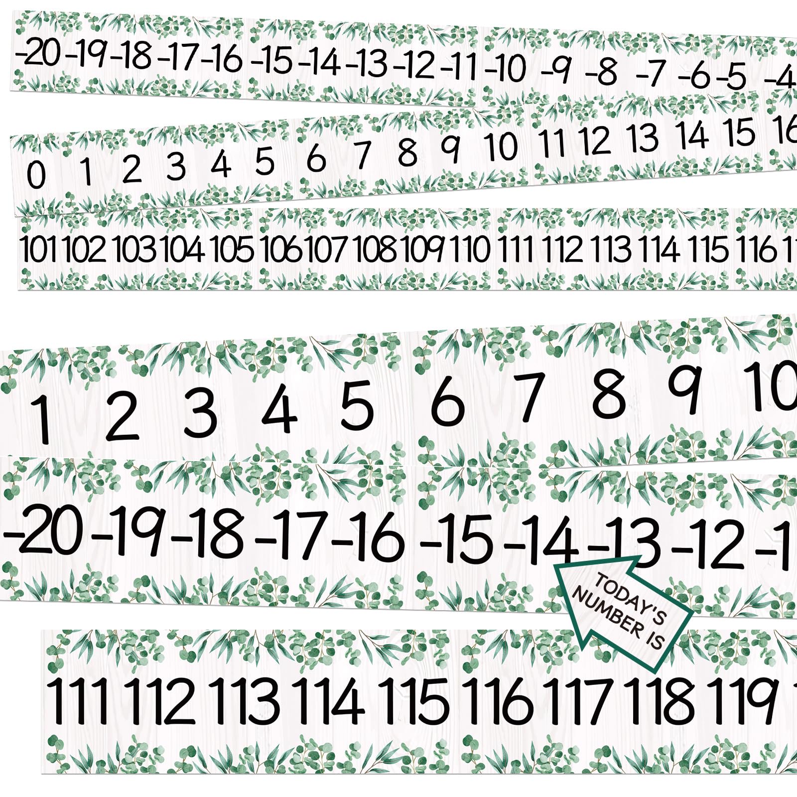 Photo 1 of COCHIE Boho Number Line Bulletin Board Border - 20 to 120 Classroom Decorations for Wall Total 34ft, Math Number Lines Border Strips Learning Poster Supplies for Students, Teachers (Eucalyptus Leaves)