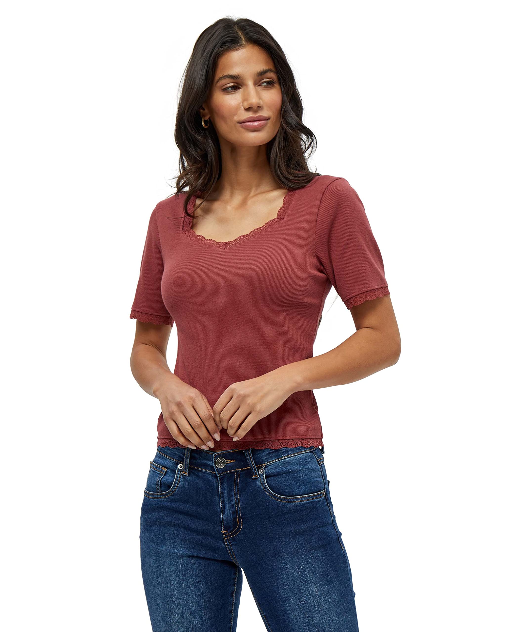 Desires Women's Dareen GOTS Lace Trim Autumn Ladies Tops | Size XXL, 5076 Apple Butter Brown