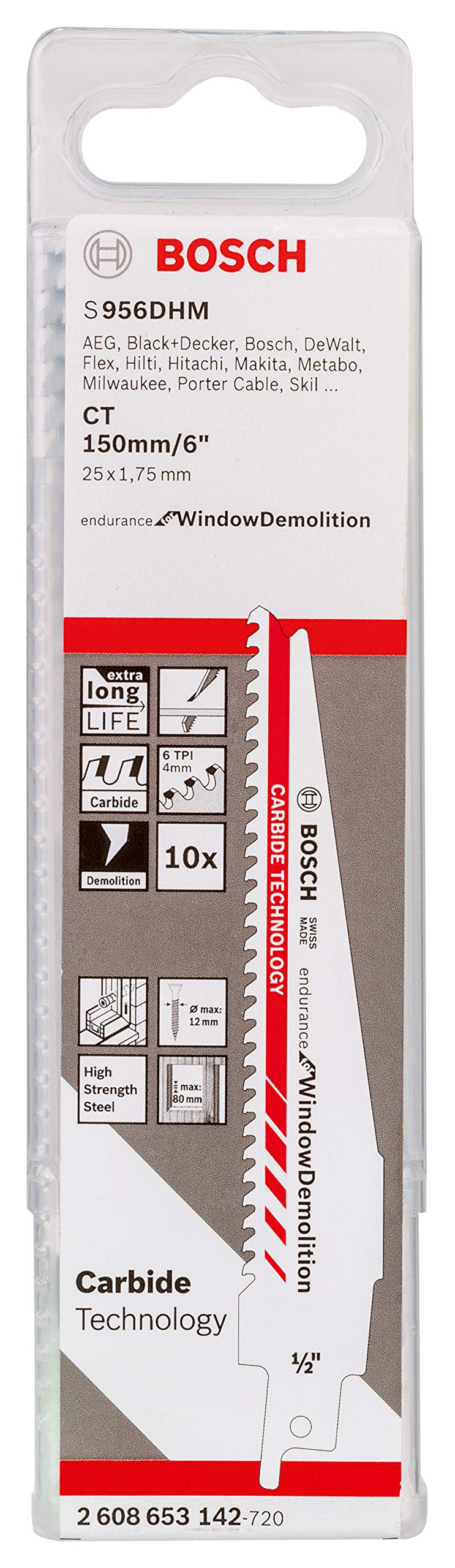 Bosch Professional 10 pieces Sabre Saw Blade S 956 DHM Endurance for Window Demolition (Length 150 mm, sabre saw accessories)