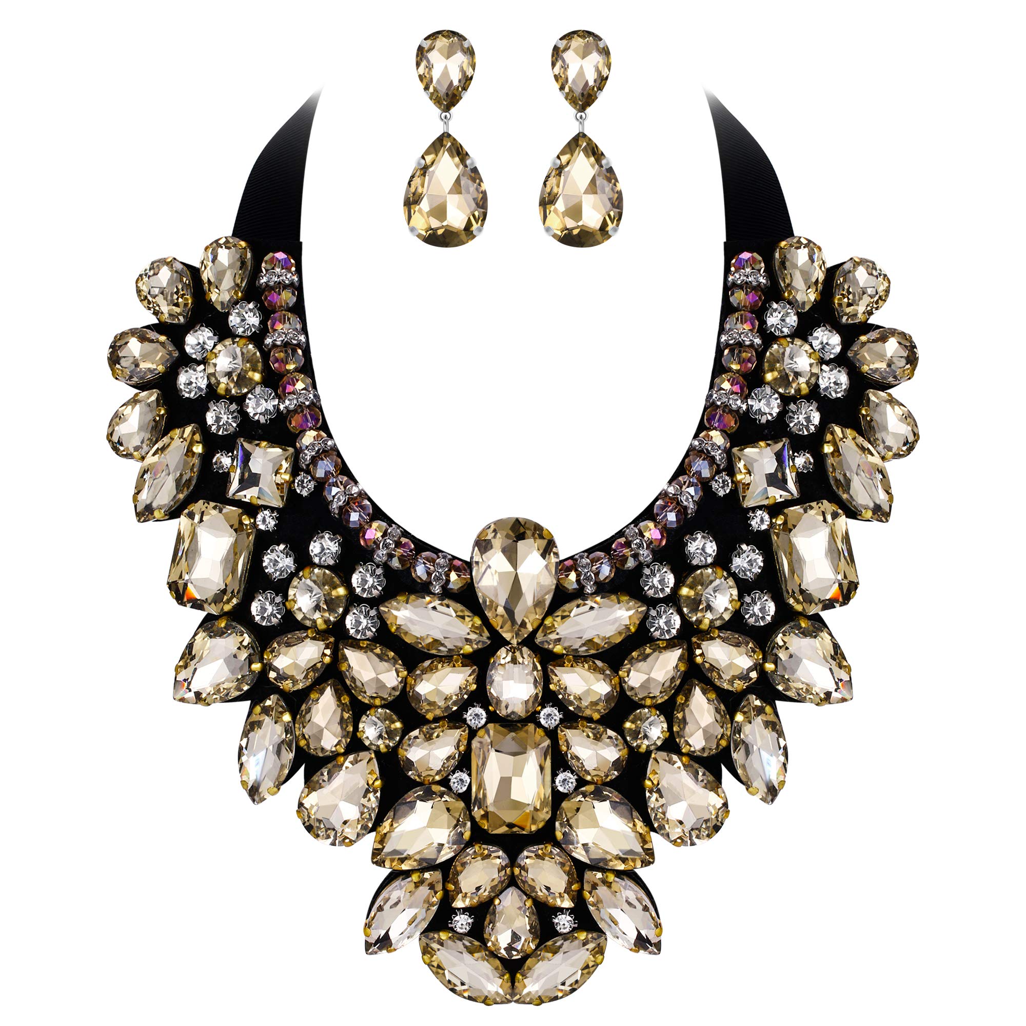 Ever Faith Costume Jewelry for Women, Brown Rhinestone Crystal Chunky Collar Statement Necklace Earrings Set