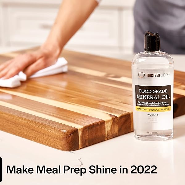THIRTEEN CHEFS MINERAL OIL – 12OZ FOOD GRADE CONDITIONER FOR WOOD CUTTING BOARD, COUNTERTOP & BUTCHER BLOCK, LUBRICANT FOR KNIFE OR MEAT GRINDER – SAFE USP FINISH ON MARBLE, SOAPSTONE