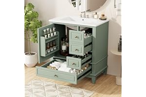 30" Bathroom Vanity with Ceramic Sink, Solid Wood Frame Freestanding Vanity, 3 Drawers & Single Door with Interior Shelves fo