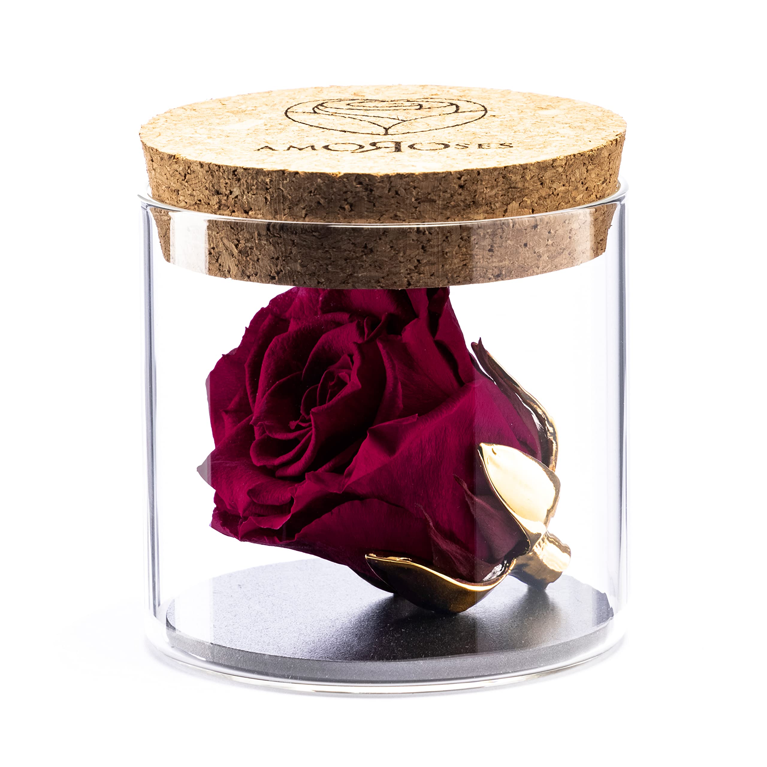 Amoroses Bijou - Eternal Stabilised Rose with 24K Gold Plated Calyx in Glass Jar | Gift Idea (Ruby Red Rose)