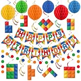Building Block Birthday Party Decorations Brick Themed Happy Birthday Banner Colorful Block Hanging Swirls Honeycomb Balls Circle Dots Garland for Colorful Brick Pre-strung Birthdays Party Decor
