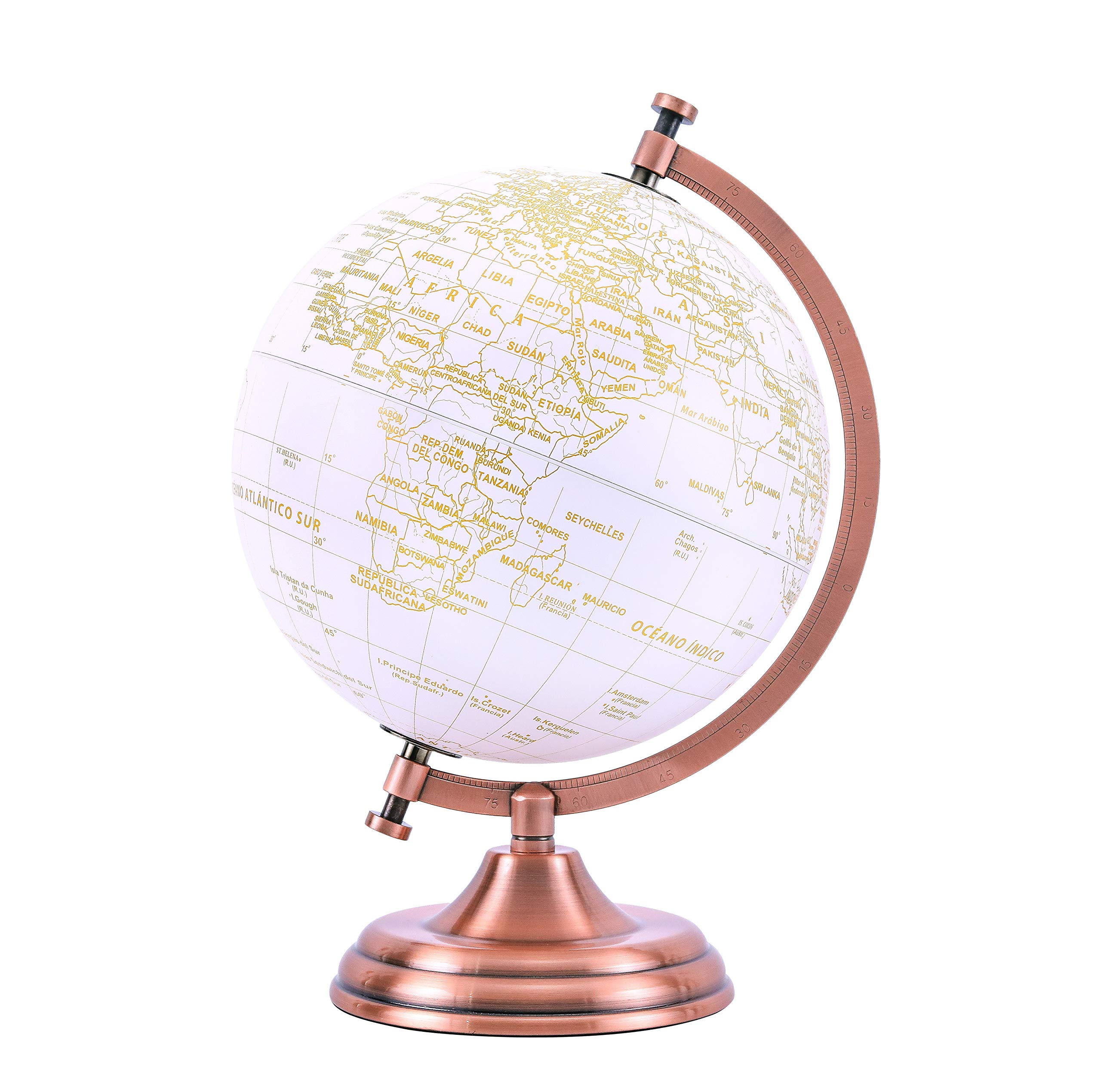 Exerz 20cm Globe Golden Colour Metallic - Educational, Geographic, Modern Desktop Decoration - Metal Arc and Base, Coated in Golden colour - for School, Home, Office, and Café. (Spanish Map)