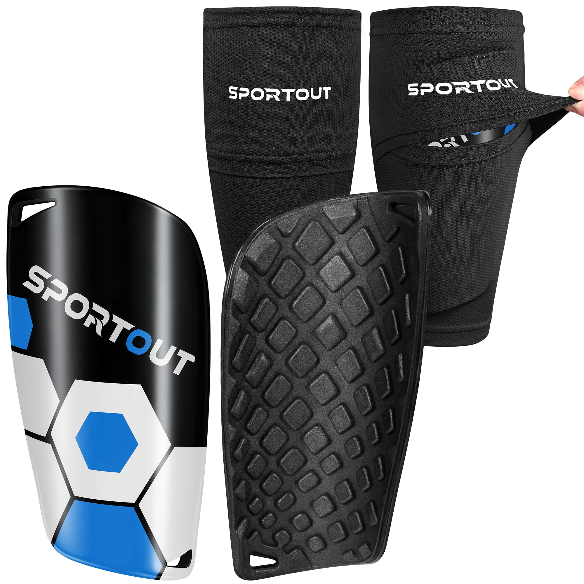 Sportout Kids Youth Adult Football Shin Guards with High Elastic Sleeves,Offers Comprehensive Protection for Your Legs (XL, Blue-2)