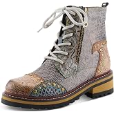 L'Artiste Rugup Leather Combination Booties for Women | Low Heel Ankle Boots for Women with Lace Up and Zipper Closure and Faux Fur Lining