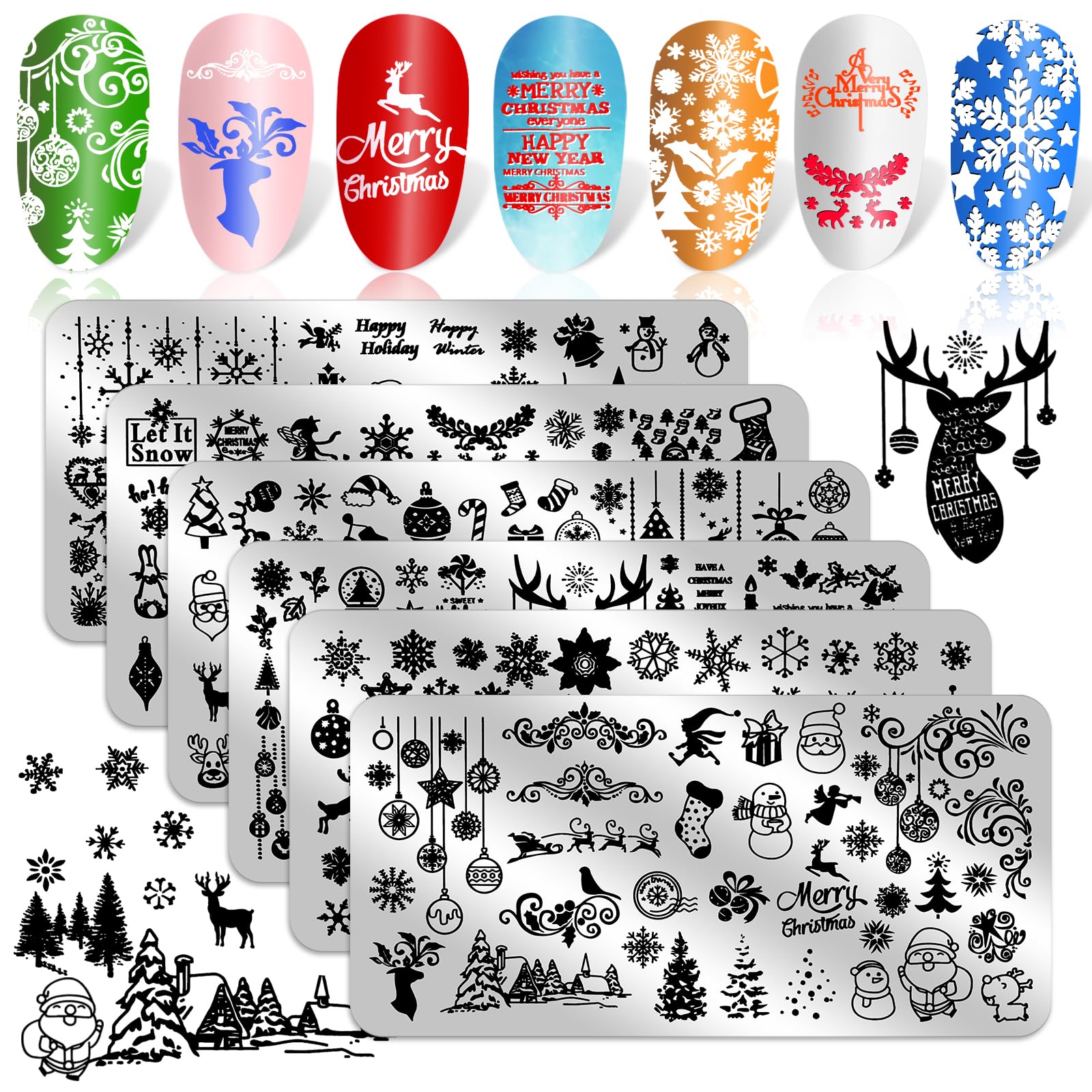JSRQT 6Pcs Christmas Nail Art Plates, Metal Nails Stamping Plates Stencils, Snowflake Christmas Tree Santa Hat Elk Pattern for DIY Nail Art Manicure Salon