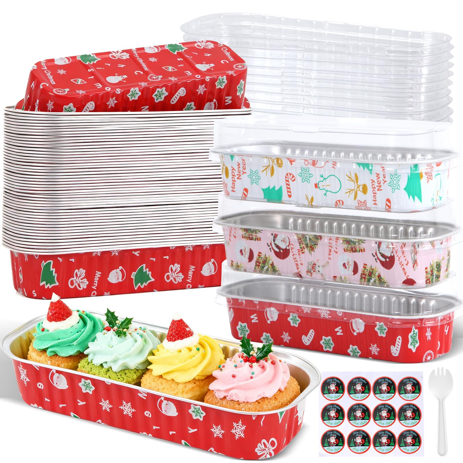 ylnurac 100Pack Christmas Mixcolor Mini Cake Pans with Lids and Spoons Mini Loaf Pans with Lids, 6.8Oz Aluminum Foil Pans Tins, Individual Dessert Cups Containers for Sales,Party,Picnics Image