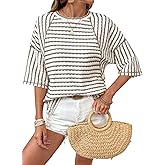 Dokotoo Womens Summer Tops Oversized Tshirts for Women Striped Color Block Short Sleeve T Shirts Crewneck Casual Tee Blouses