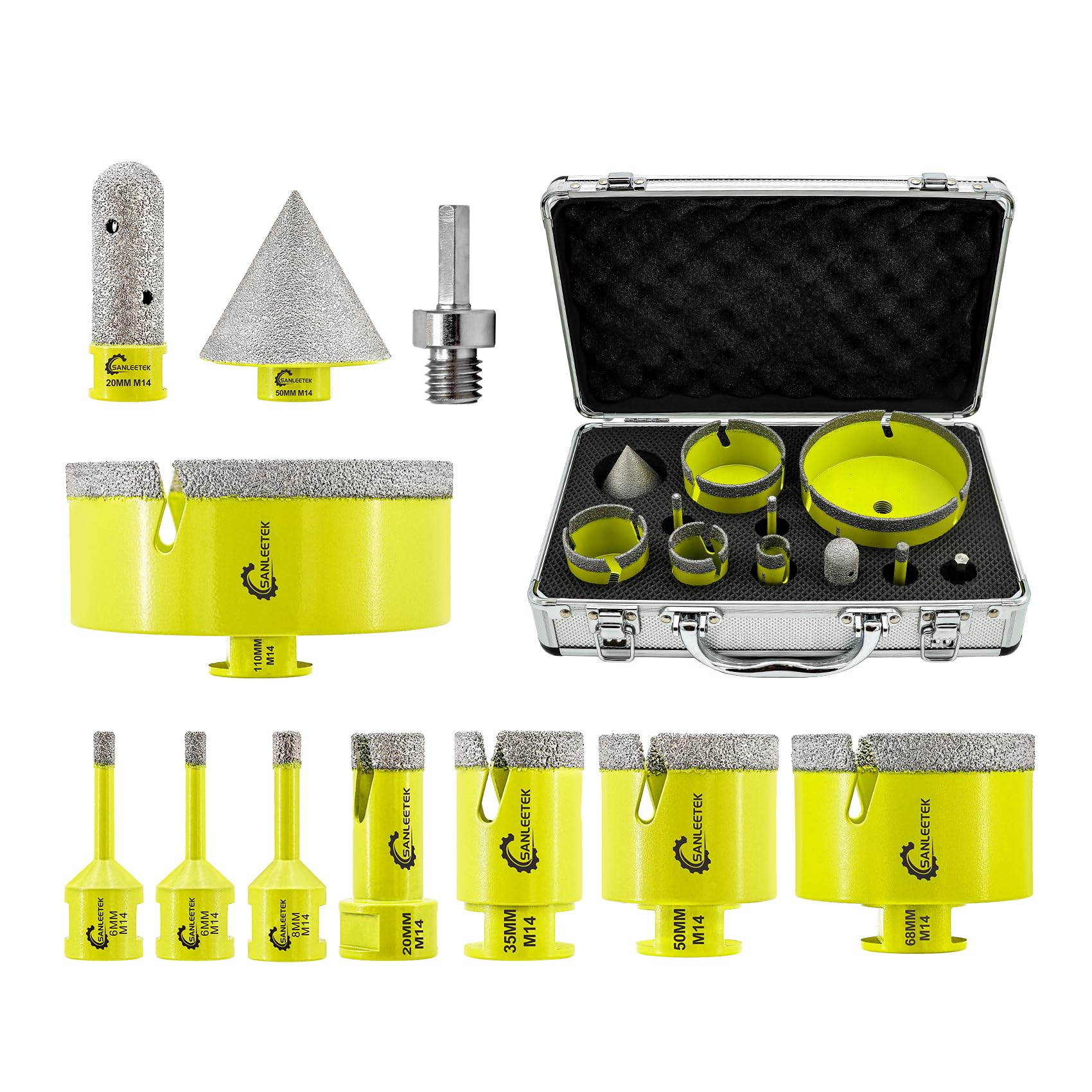 Diamond Core Drill Bits Set - SANLEETEK 11pcs Hole Saw Kit (6/6/8/20/35/50/68/110mm+20mm Finger Bit+50mm Beveling Chamfer Bit+Hex Adapter) for Tile Porcelain Ceramic Marble Granite with M14 Thread