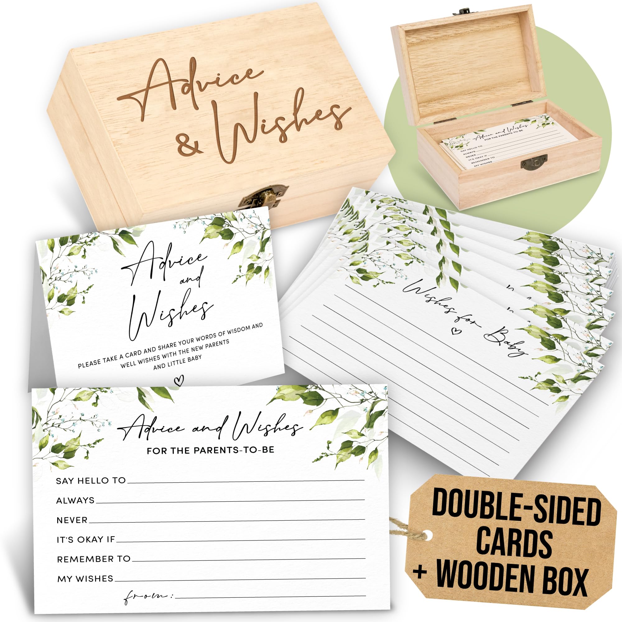 Photo 1 of WOODAMORE Greenery Baby Shower Advice Cards for Parents To Be - 50 Pcs Wishes for Baby Cards for Baby Shower Decorations, Advice and Wishes Cards for New Parents, Fun Baby Shower Game Ideas