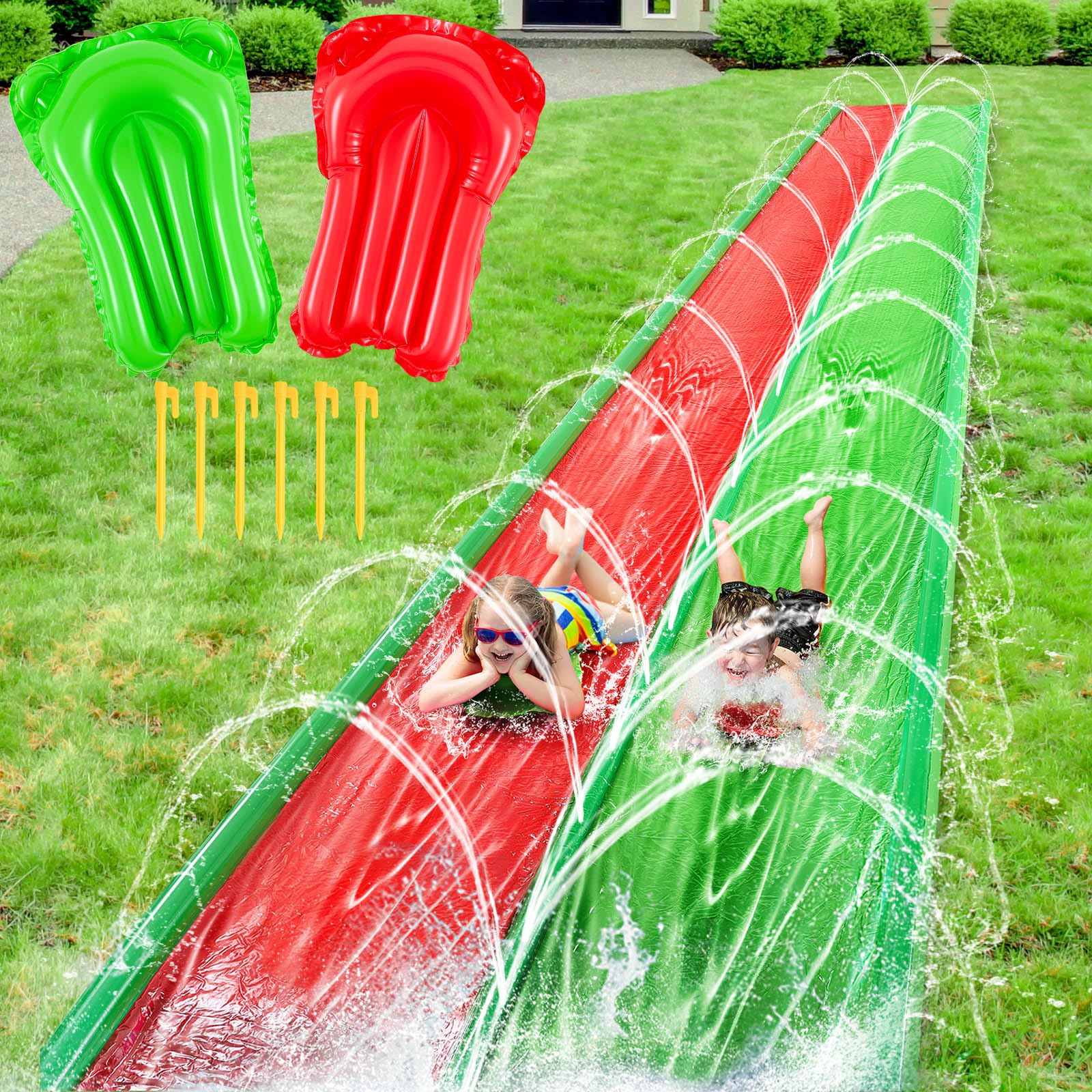Photo 1 of Foilswirl 6.5 x 30ft Slip Water Slide with 2 Inflatable Bodyboards, Extra Long Waterslides Tarp with Sprinkler Heavy Duty for Kids Adults Backyard Lawn, Upgrade Inflatable Safety Design