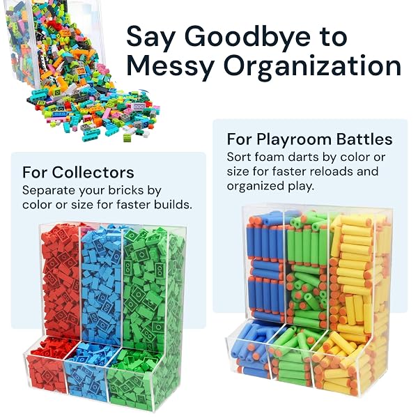 SIMPLYIMAGINE TRIPLE ACRYLIC TOY DISPENSER FOR KIDS – SELF-SERVE SNACK & TOY FOAM BLASTERS, CAR STORAGE FOR WALL OR COUNTERTOP – CLEAR 3-COMPARTMENT HANGING ORGANIZER FOR PLAYROOM & NURSERY – 12.5″ H