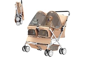 LPOTIUS Double Pet Stroller, Foldable Stroller for 2 Dogs & Cats, Two-Seater Carrier Twin Dog Walk Jogger Travel Pet Carriage Cart with Storage, Beige