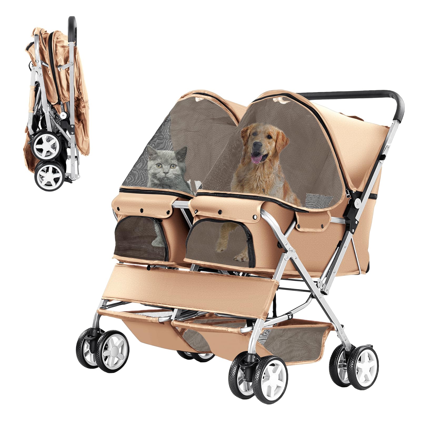 Photo 1 of Double Pet Stroller, Foldable Stroller for 2 Dogs & Cats, Two-Seater Carrier Twin Dog Walk Jogger Travel Pet Carriage Cart with Storage, Beige