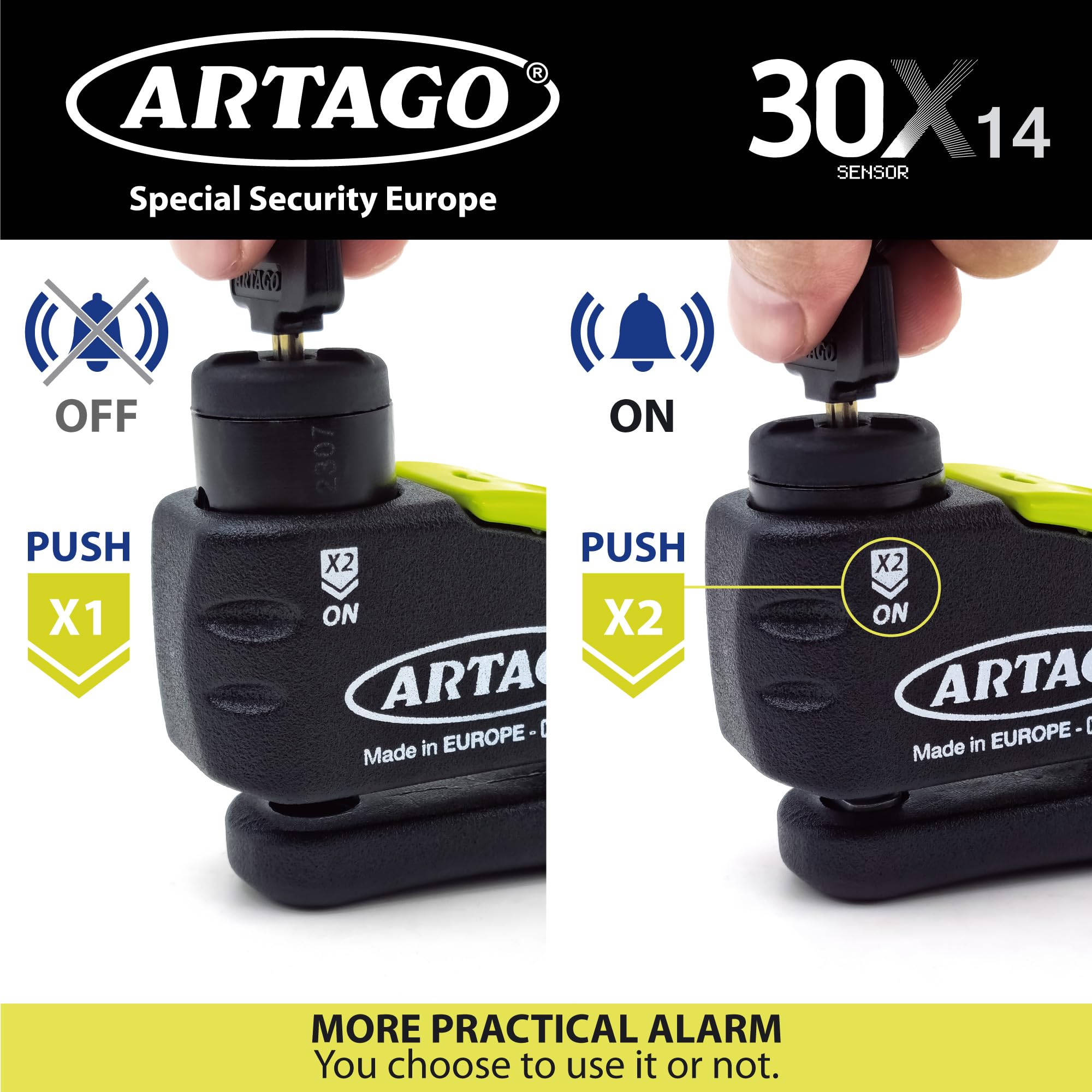 Artago 30X14 High-End Motorcycle Disc Lock with or Without Alarm, Don't Touch System 120dB, Sold Secure & SRA Approved, Disc 5mm Anti-Drill, 14mm Double Locking, Moto Anti Theft Wheel Brake Lock