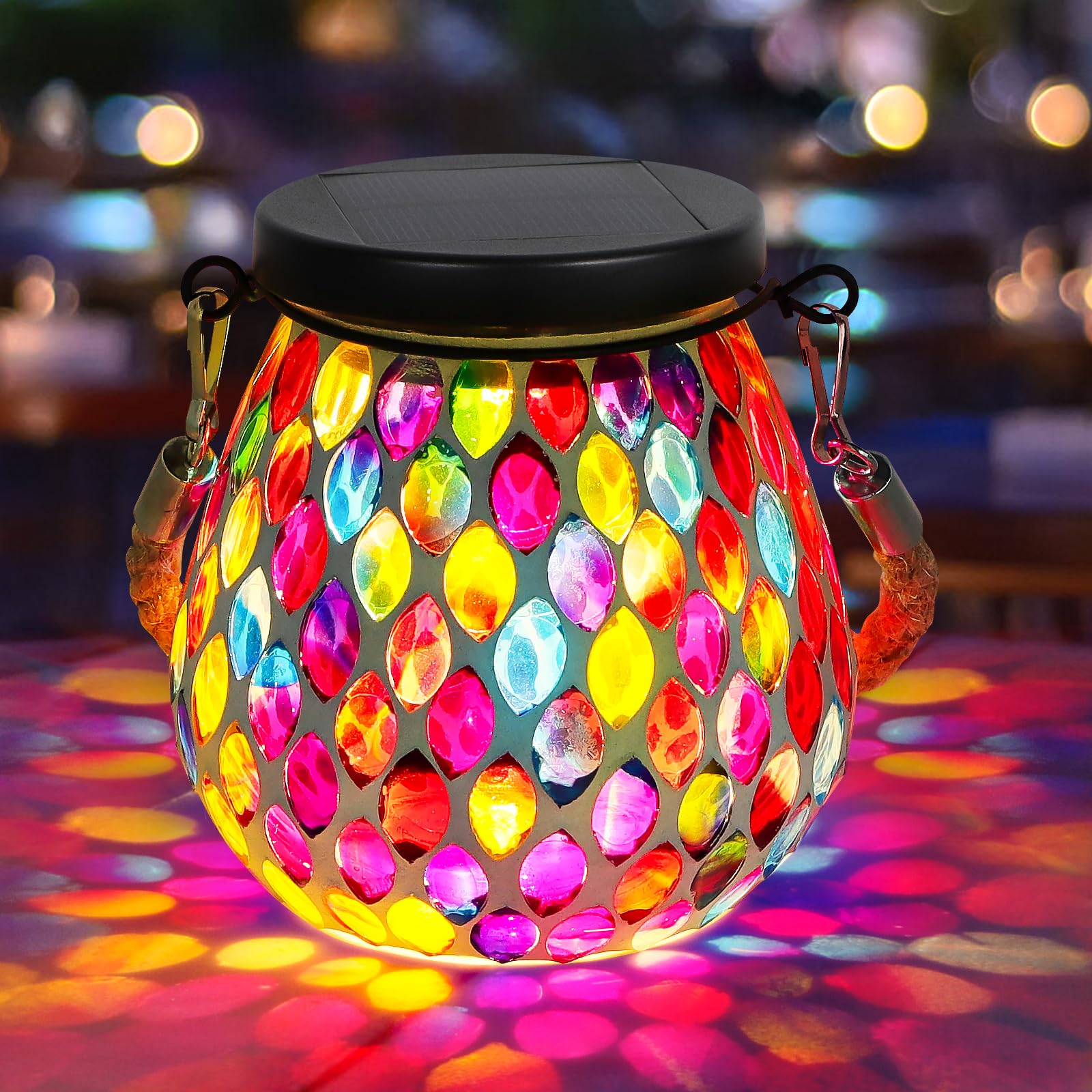 Mosaic Solar Lanterns Lights Outdoor: IP65 Outdoor Waterproof Hanging Tabletop Decorative Table Lamps for Patio Porch Lawn Garden Yard, 2 LED Warm White and RGB - Red Drops