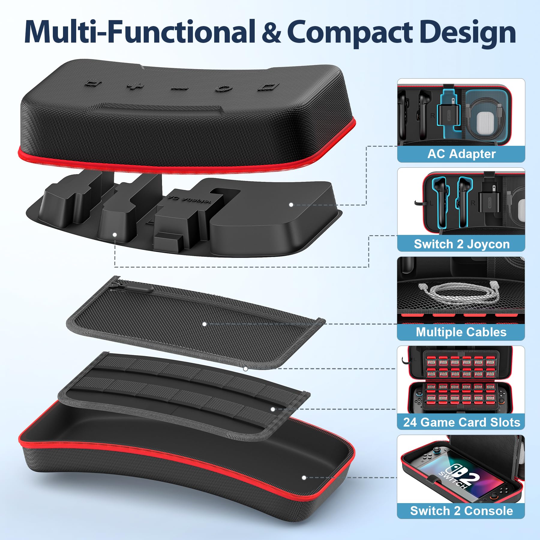 OIVO Switch 2 Carrying Case Compatible with 2025 Nintendo Switch, Portable Travel Carry Case Fit for Joy-Con 2 & Adapter, Hard Shell Protective Pouch Bag with 24 Game Slots, Red