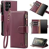 Shieldtop Compatible with Samsung Galaxy S22 Ultra 5G Wallet Case with Card Holder,Women Men RFID Blocking PU Leather Phone Case Flip Protective Cover Wrist Strap Zipper Credit Card Slots,Wine Red