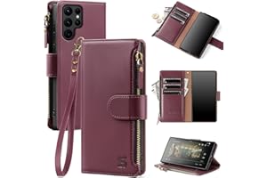 Shieldtop for Samsung Galaxy S22 Ultra 5G Wallet Case with Card Holder,Women Men RFID Blocking PU Leather Flip Cover Wrist Strap Zipper Credit Card Slots,Phone Case for Galaxy S22 Ultra 5G,Wine Red