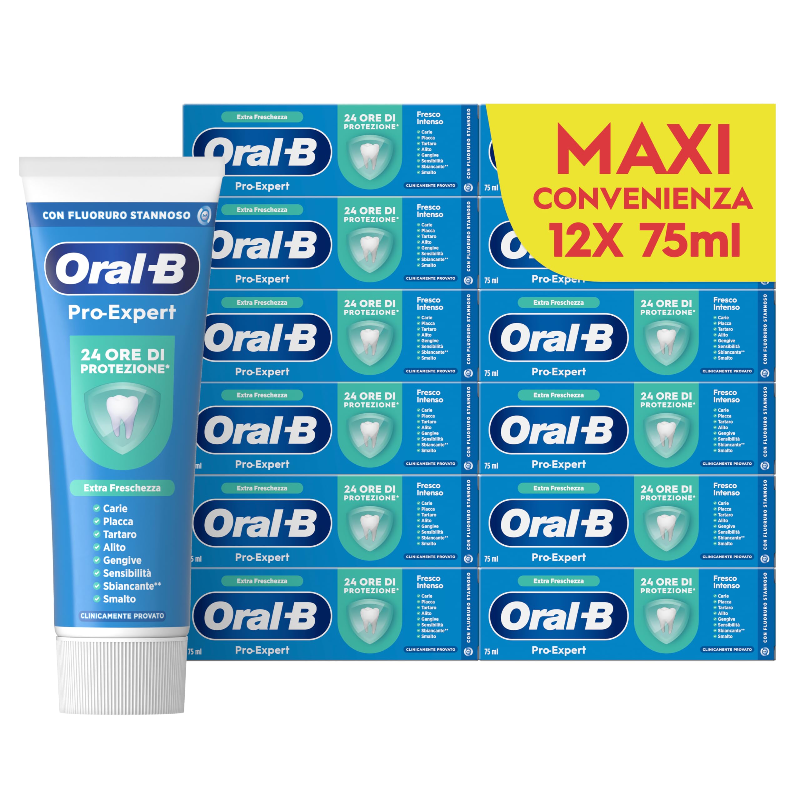 Oral-B Dentifricio Pro-Expert Fresco Intenso 12x75ml, Dentifricio Formato Convenienza, Clinicamente Provato, Pulizia Denti Efficace, Alito Fresco, Extra Freschezza
