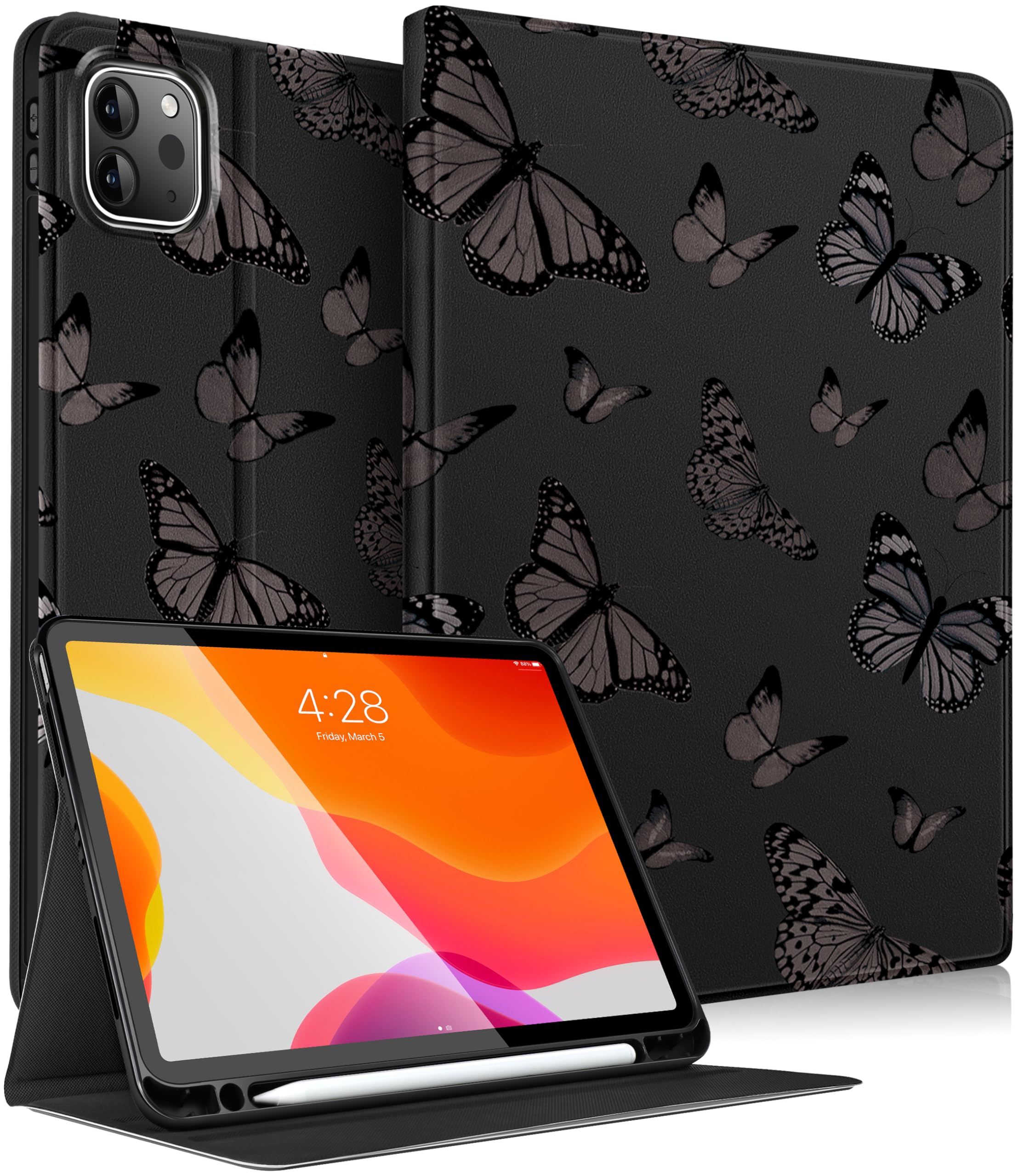 Pegmode for iPad Air 5th/4th Generation Case, for iPad Pro 11 Women Girls Cute Butterfly Folio Cover Black Girly Aesthetic Pretty Design With Pencil Holder Smart Cover for iPad Air 5/4, Pro 11 Inch