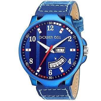 Golden Bell Stylish Latest Day and Date Multifunction Blue Dial Blue Leather Strap Mens Watch - GB-1319